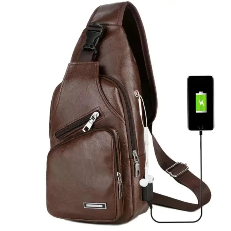 BROWN LEATHER USB PORT BAG
