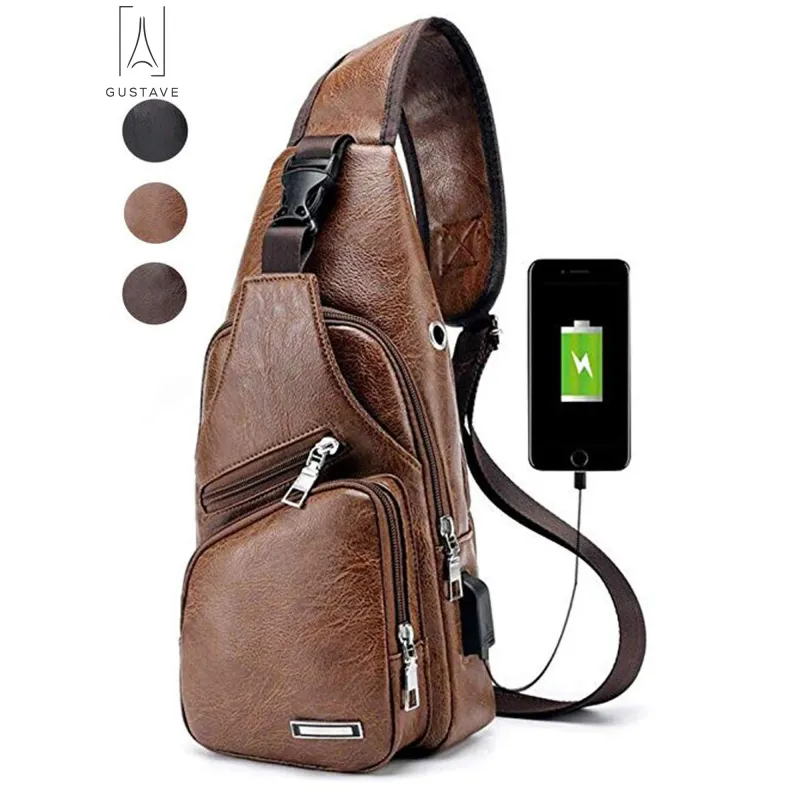 LIGHT BROWN LEATHER USB PORT BAG