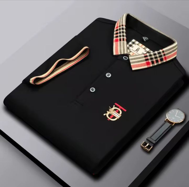 RED PLAID COLLAR BLACK POLO