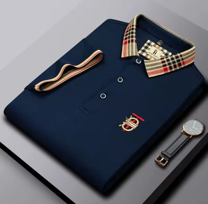 RED PLAID COLLAR NAVY BLUE POLO