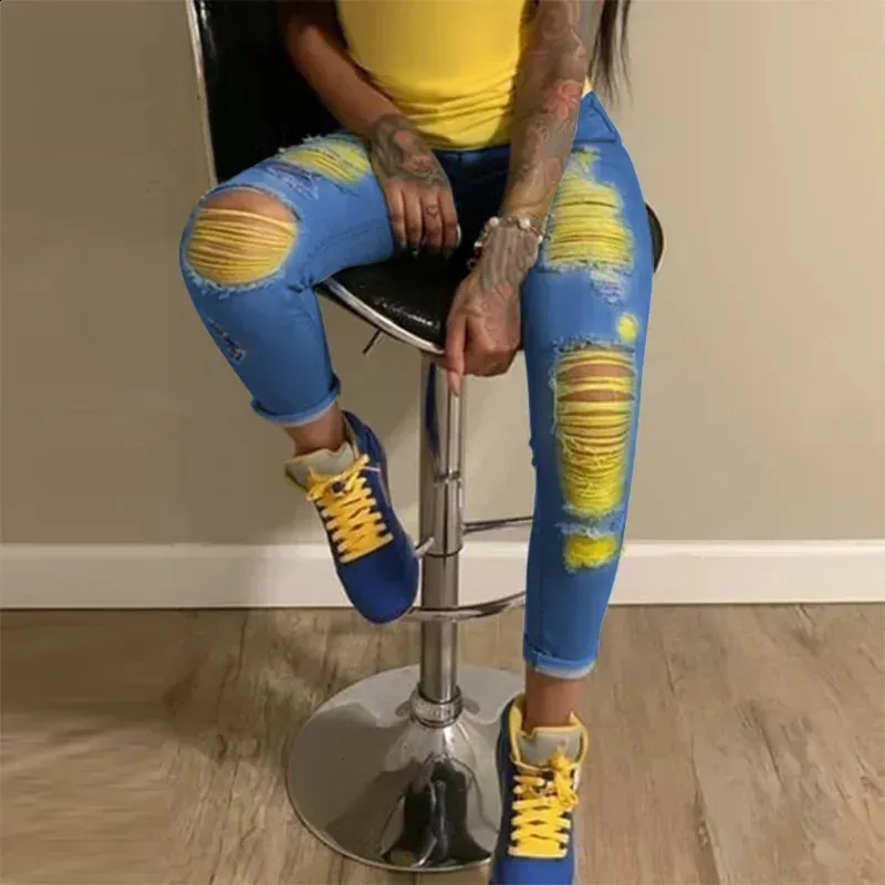 ( TRADE 2 ) RIPPED JEANS activewear - BOOTCUT w/ DARK BLUE YELLOW  color OPTION 2