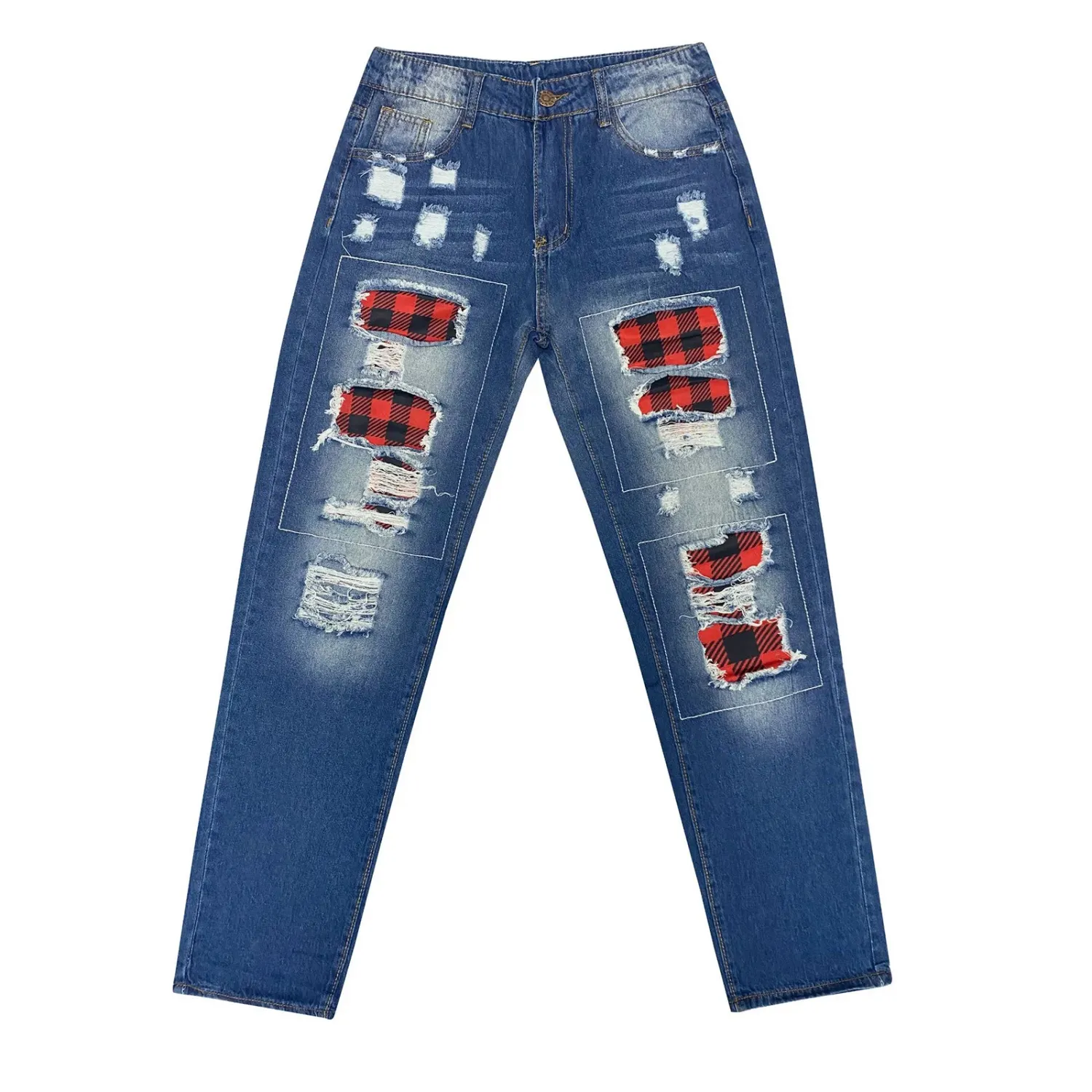 ( TRADE 2 ) RIPPED JEANS activewear - PLAID w/ RED color OPTION 1