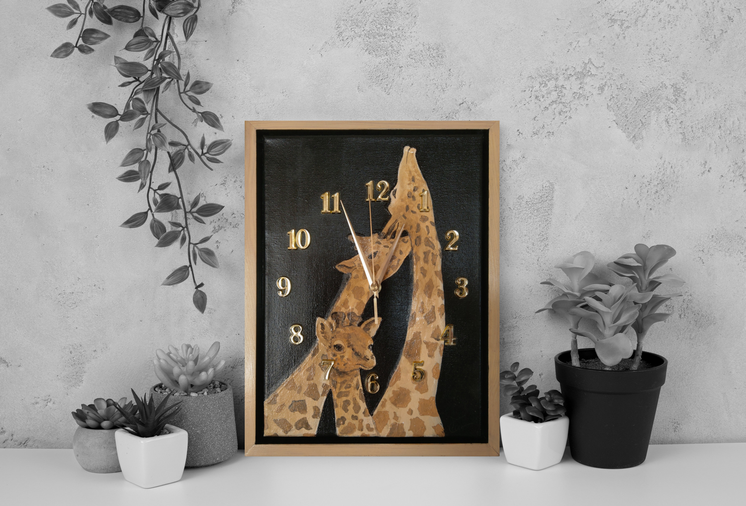 "Famille girafe" (canva encadré : pièce unique) 24 x 30 cm