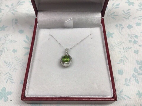 Peridot and Diamond Necklace Beautiful 1 Ct. Oval Shape with 19 Pts. of Diamonds set In 14 Kt. White Gold