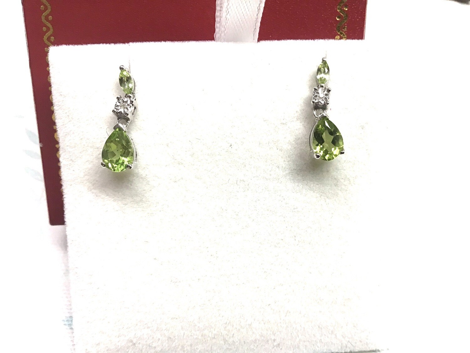 Genuine Green Peridot Drop Earrings 10K White Gold