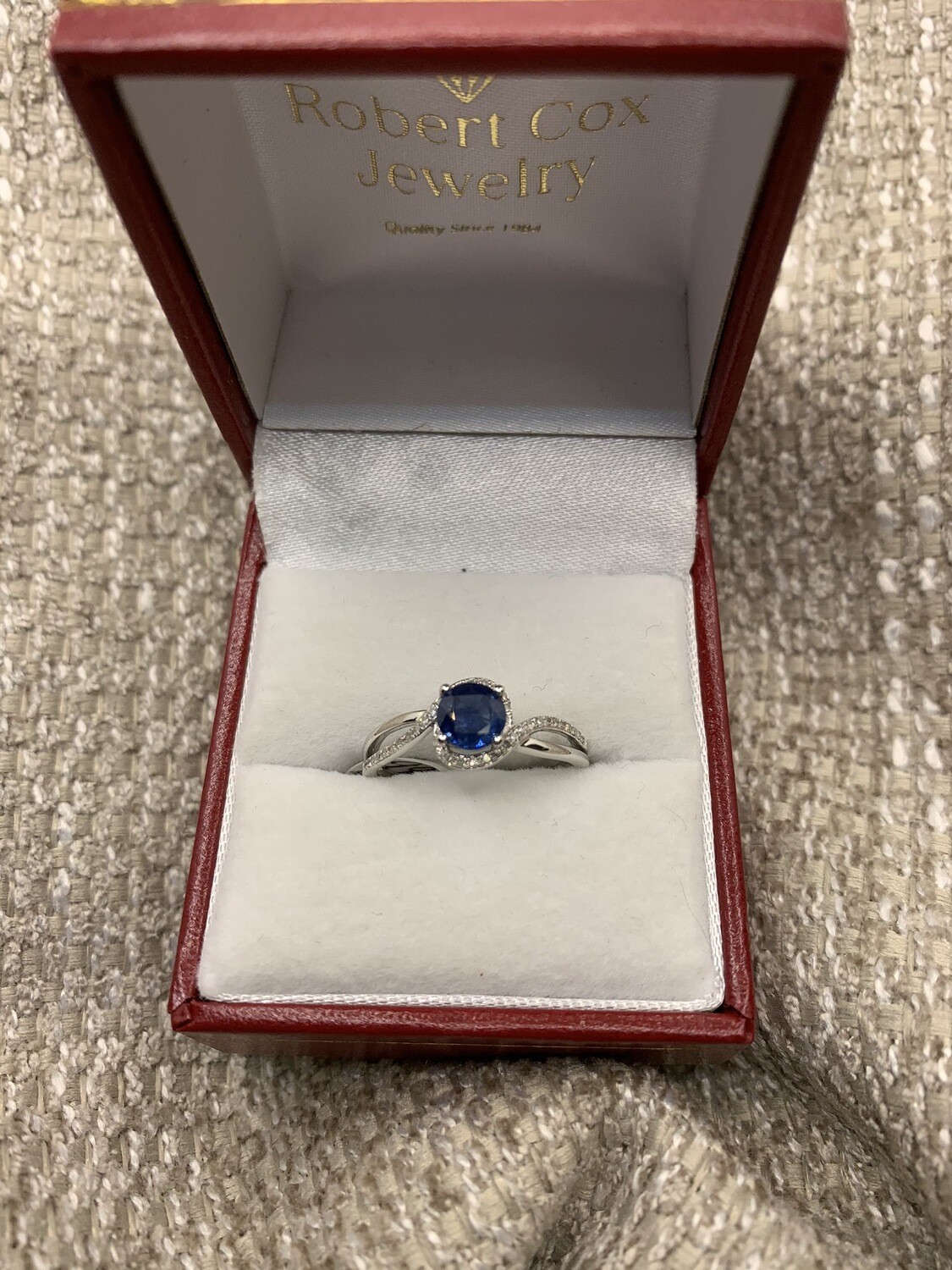 Sapphire Ring ( Genuine Brilliant Cut Sapphire ) With Diamond Accents set in 14K White Gold
