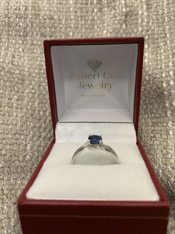 Sapphire Ring ( Genuine Brilliant Cut Sapphire ) With Diamond Accents set in 14K White Gold