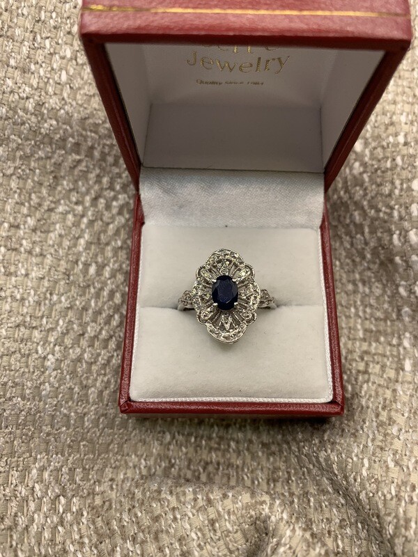 Sapphire Ring (Genuine Oval Sapphire ) Diamond Filigree set in 14Kt. White Gold