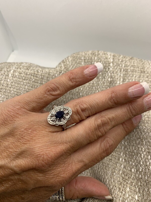 Sapphire Ring (Genuine Oval Sapphire ) Diamond Filigree set in 14Kt. White Gold