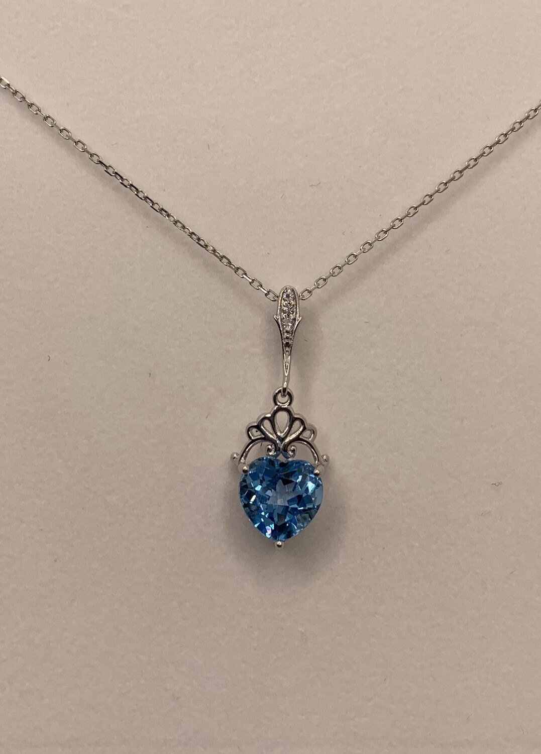 Heart Shaped Light Blue Synthetic Birthstone With Diamond Accents Necklace