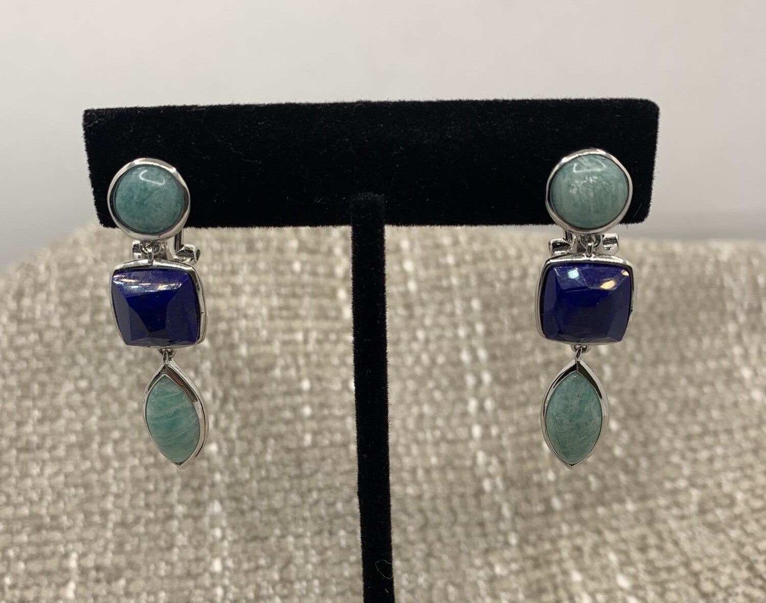 Lapis And Amazonite Cabochon Sterling Earrings With Omega Backs