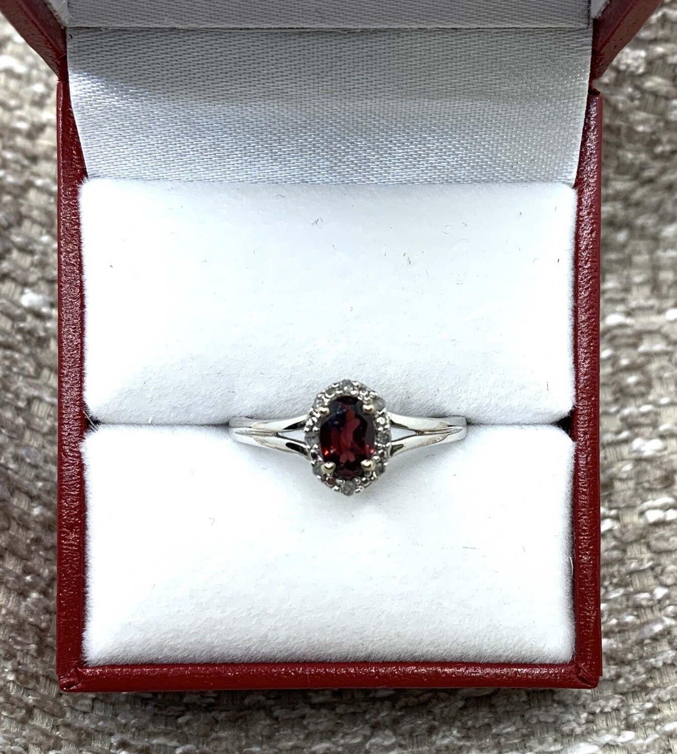 Oval Genuine Garnet With Diamond Halo Ring
