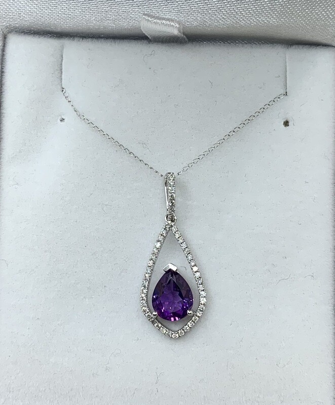 Amethyst Necklace Pear Shape with 25pts Diamond Halo Set in 14Kt. White Gold