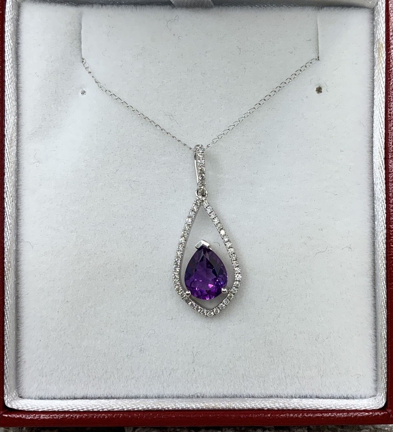 Amethyst Necklace Pear Shape with 25pts Diamond Halo Set in 14Kt. White Gold