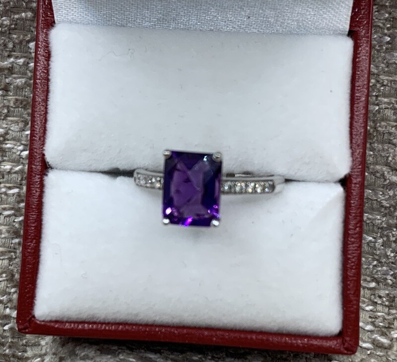 Amethyst Ring Emerald Cut (Genuine Amethyst) With Diamond Accent Band set in 10 Kt. White Gold