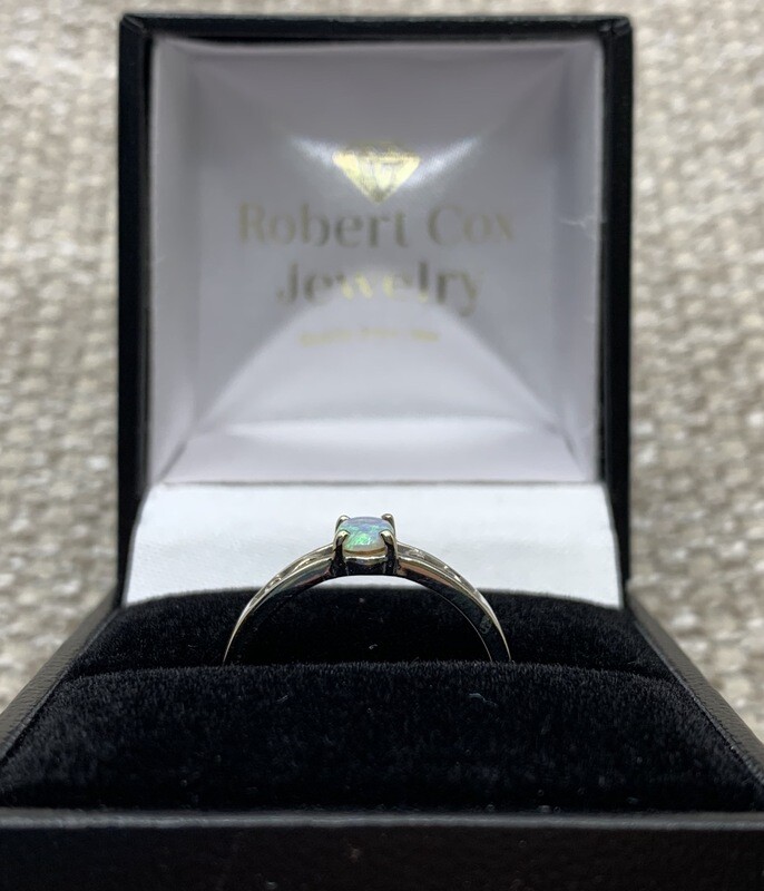 Opal Ring (Genuine Oval Opal )Filigree Style Set in 14 KT. White Gold