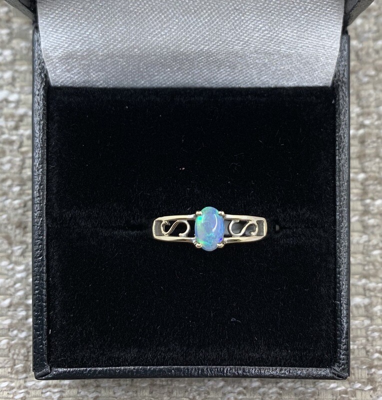 Opal Ring (Genuine Oval Opal )Filigree Style Set in 14 KT. White Gold