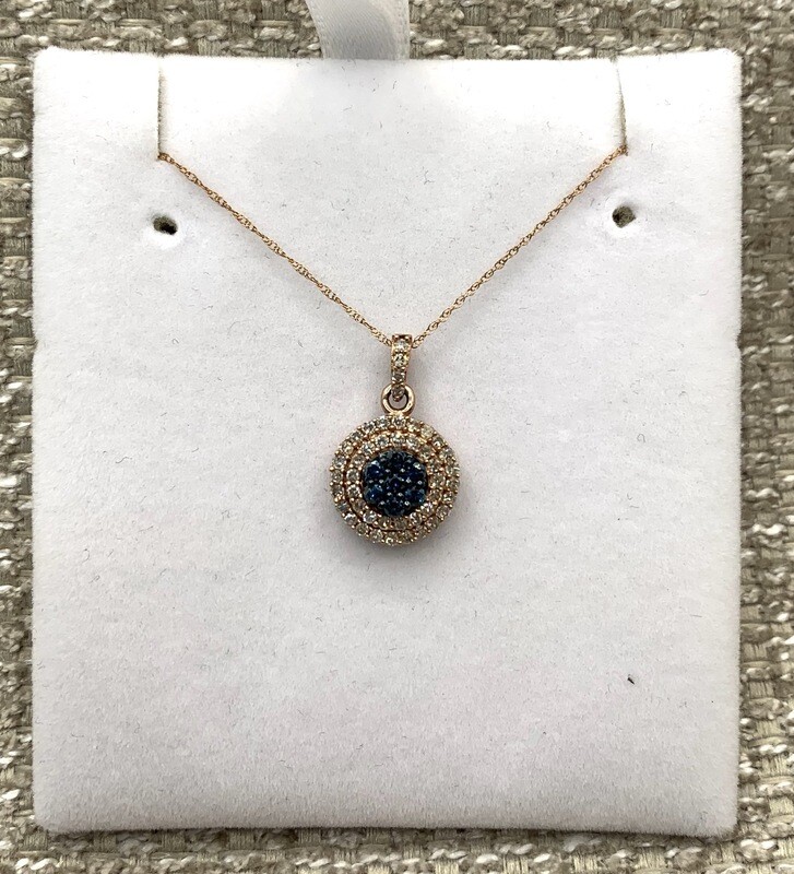 Blue Diamond Cluster With a Double Halo Of White Diamonds in a 14Kt Rose Gold Mounting