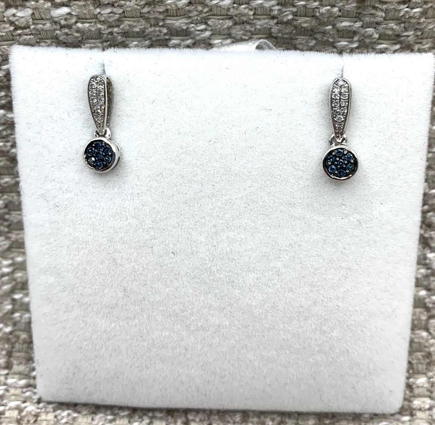 Blue and White Diamond Drop Earrings 16 Pt Tw. set in 10 Kt. White Gold