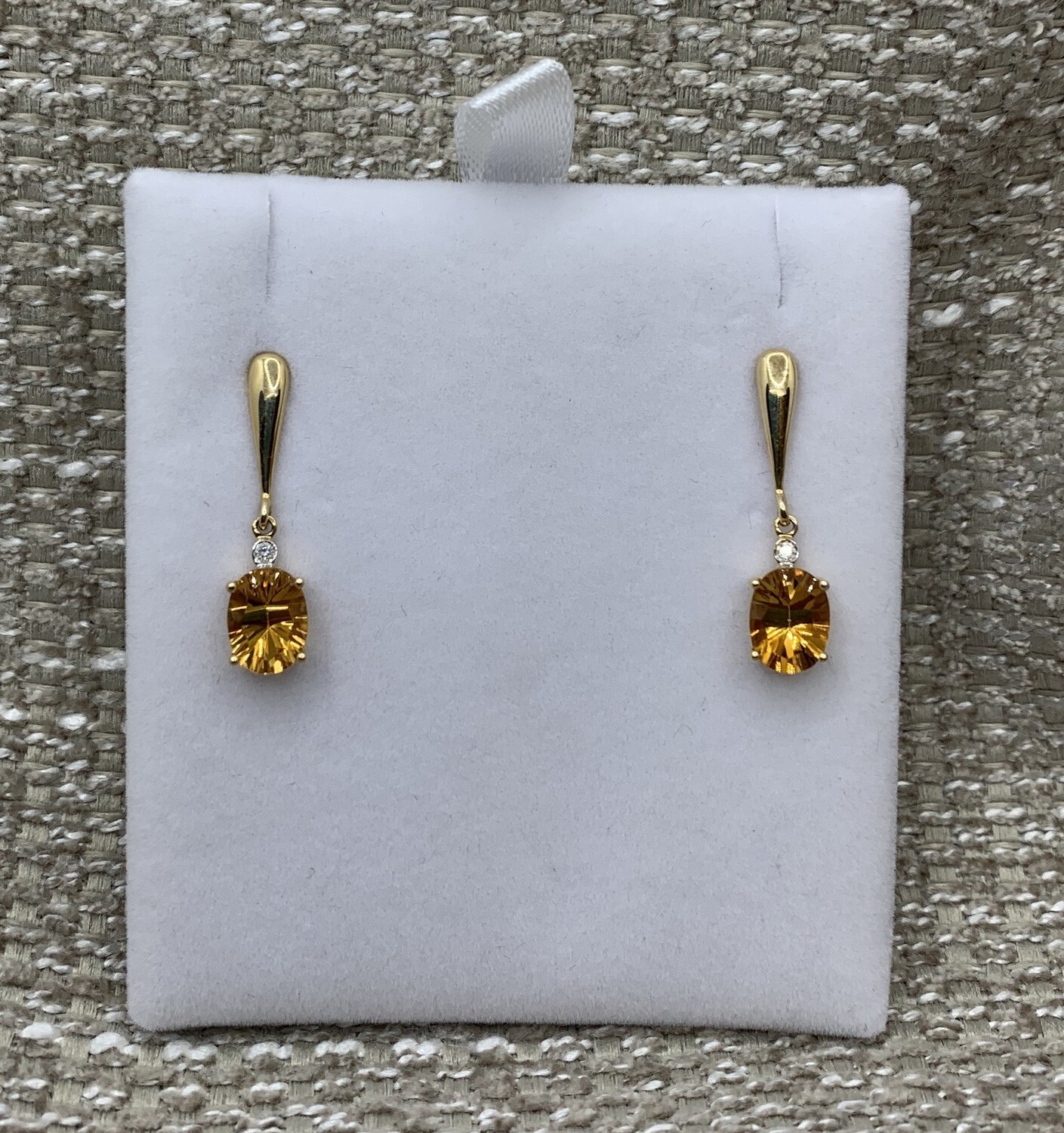 Citrine Drop Earrings with a Diamond Accent set In 14 Kt. Yellow Gold