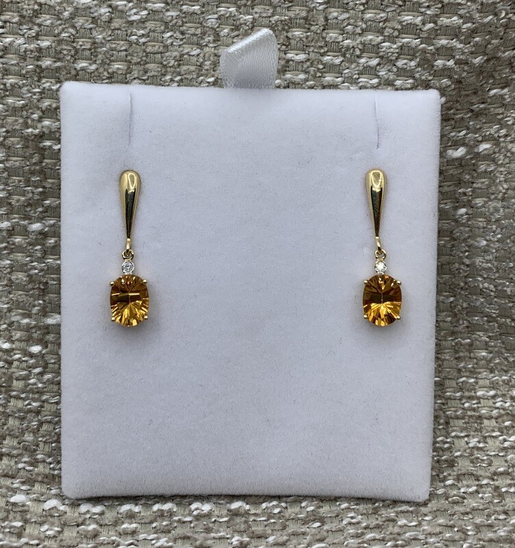 Citrine Drop Earrings with a Diamond Accent set In 14 Kt. Yellow Gold