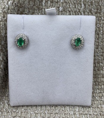 Emerald Earrings (Oval Shape) with a Diamond Halo 14 Kt White Gold