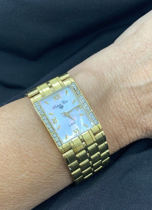 Robert Cox Mother Of Pearl Goldtone With White Topaz Accents Watch