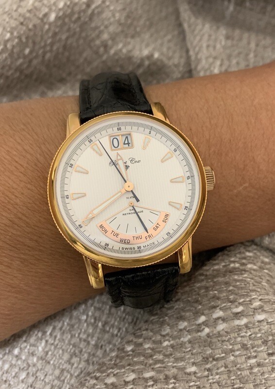 Robert Cox Rose Gold Calendar Watch With Crocodile Band