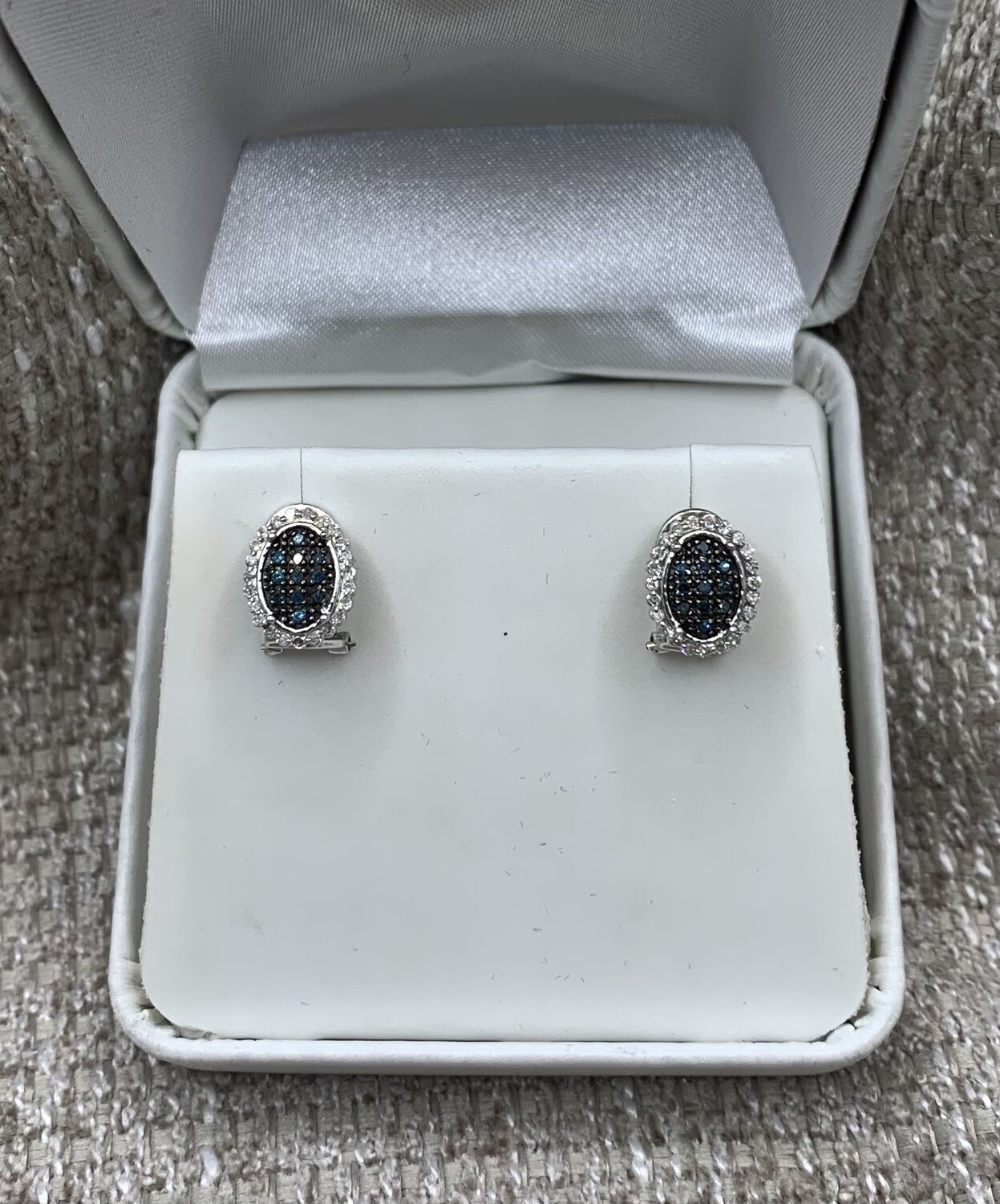 Blue and White Diamond Earrings (Oval Shape Blue Cluster) with a White Diamond Halo 34 Pts. set in 10 Kt. White or Yellow Gold (Your Choice) with Omega Style Backs