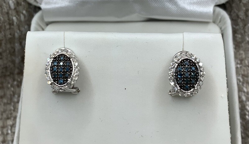Blue and White Diamond Earrings (Oval Shape Blue Cluster) with a White Diamond Halo 34 Pts. set in 10 Kt. White or Yellow Gold (Your Choice) with Omega Style Backs