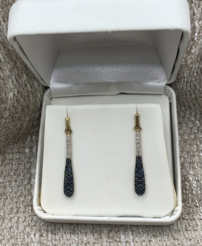 Blue and White Diamond Drop Earrings 14 Kt. Yellow Gold Settings