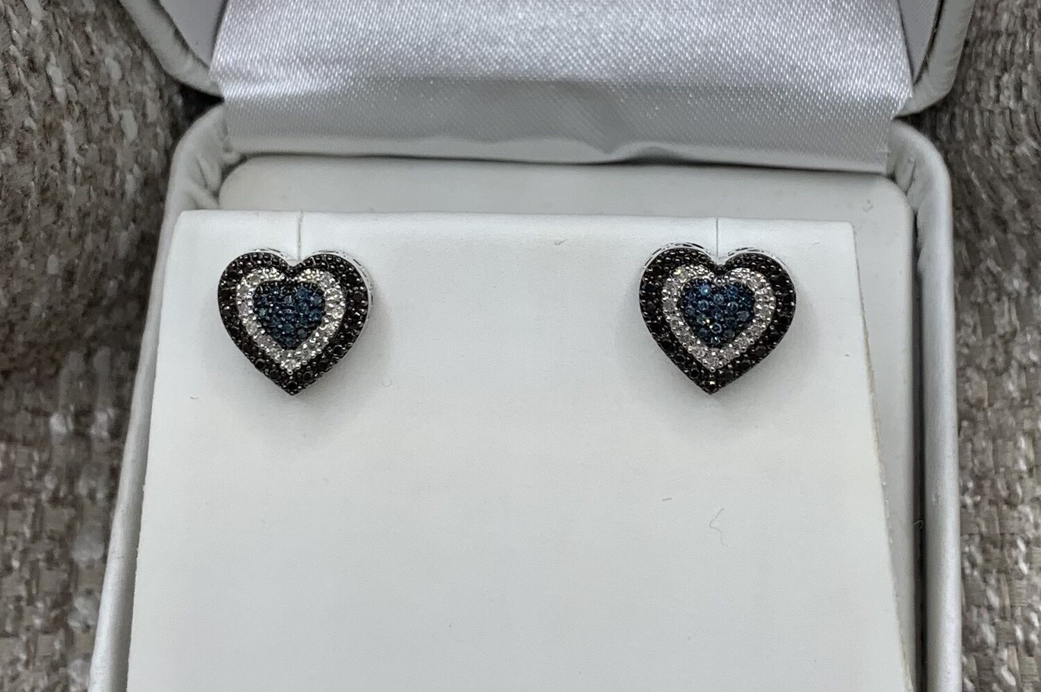 Blue ,Black and White Diamond Heart Earrings. 35 Pt Total Weight 10 Kt. White Gold Setting
