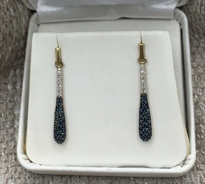 Blue and White Diamond Drop Earrings 14 Kt. Yellow Gold Settings