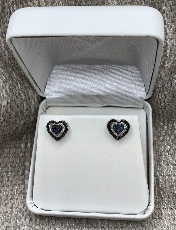 Blue ,Black and White Diamond Heart Earrings. 35 Pt Total Weight 10 Kt. White Gold Setting