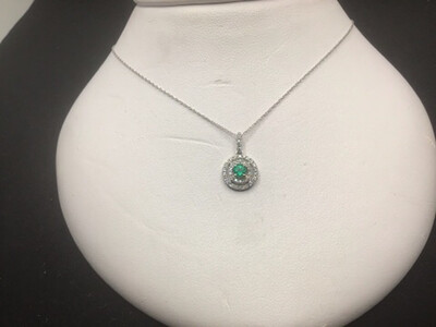 Emerald and Diamond Necklace Beautiful Brilliant Cut with a Diamond Double Halo 18 Kt. White Gold