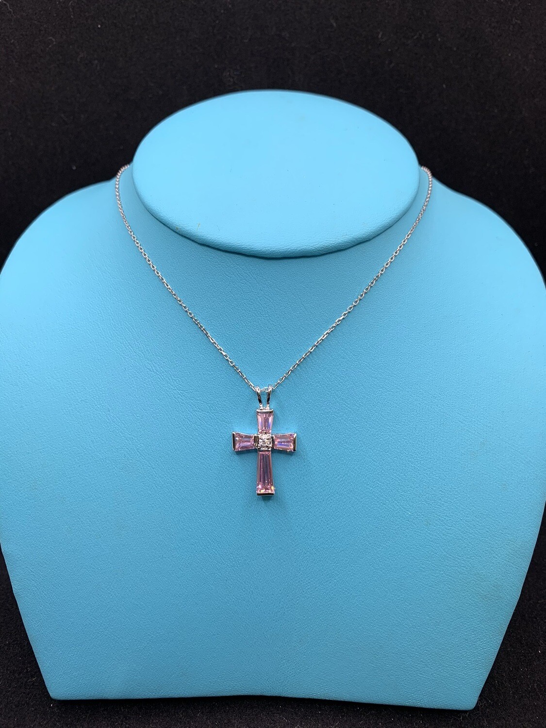 Synthetic Pink Gems And CZ Sterling Silver Cross