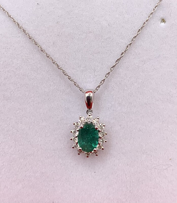 Oval Emerald With Diamond Halo Necklace