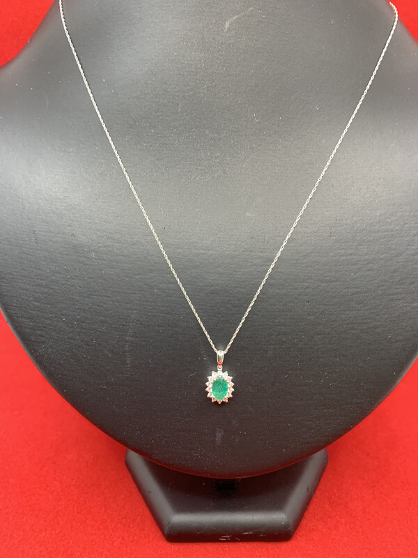 Oval Emerald With Diamond Halo Necklace