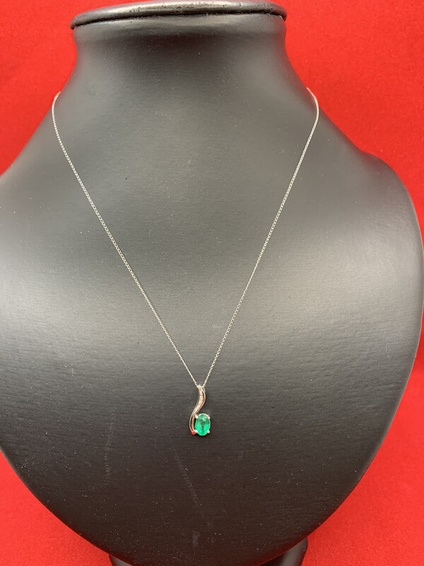 Emerald Diamond Necklace Oval Emerald With Diamond Accents 14 Kt. White Gold