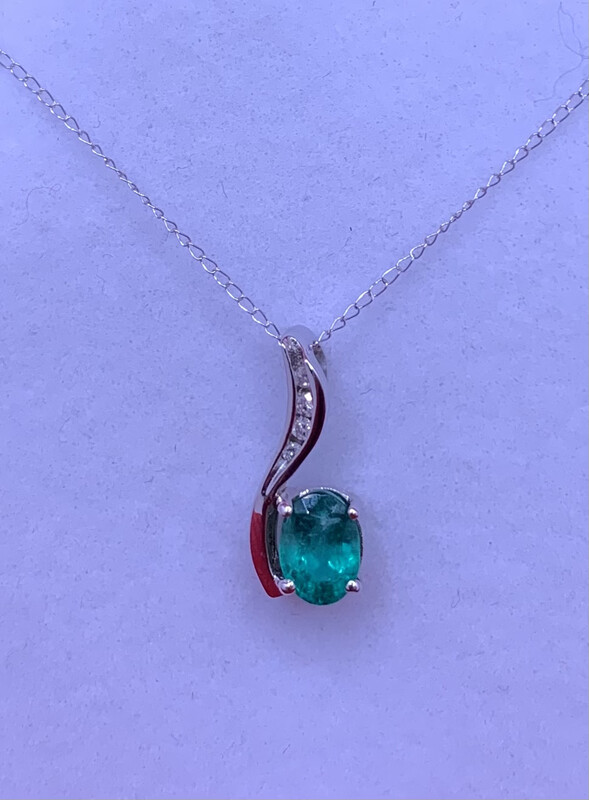 Emerald Diamond Necklace Oval Emerald With Diamond Accents 14 Kt. White Gold