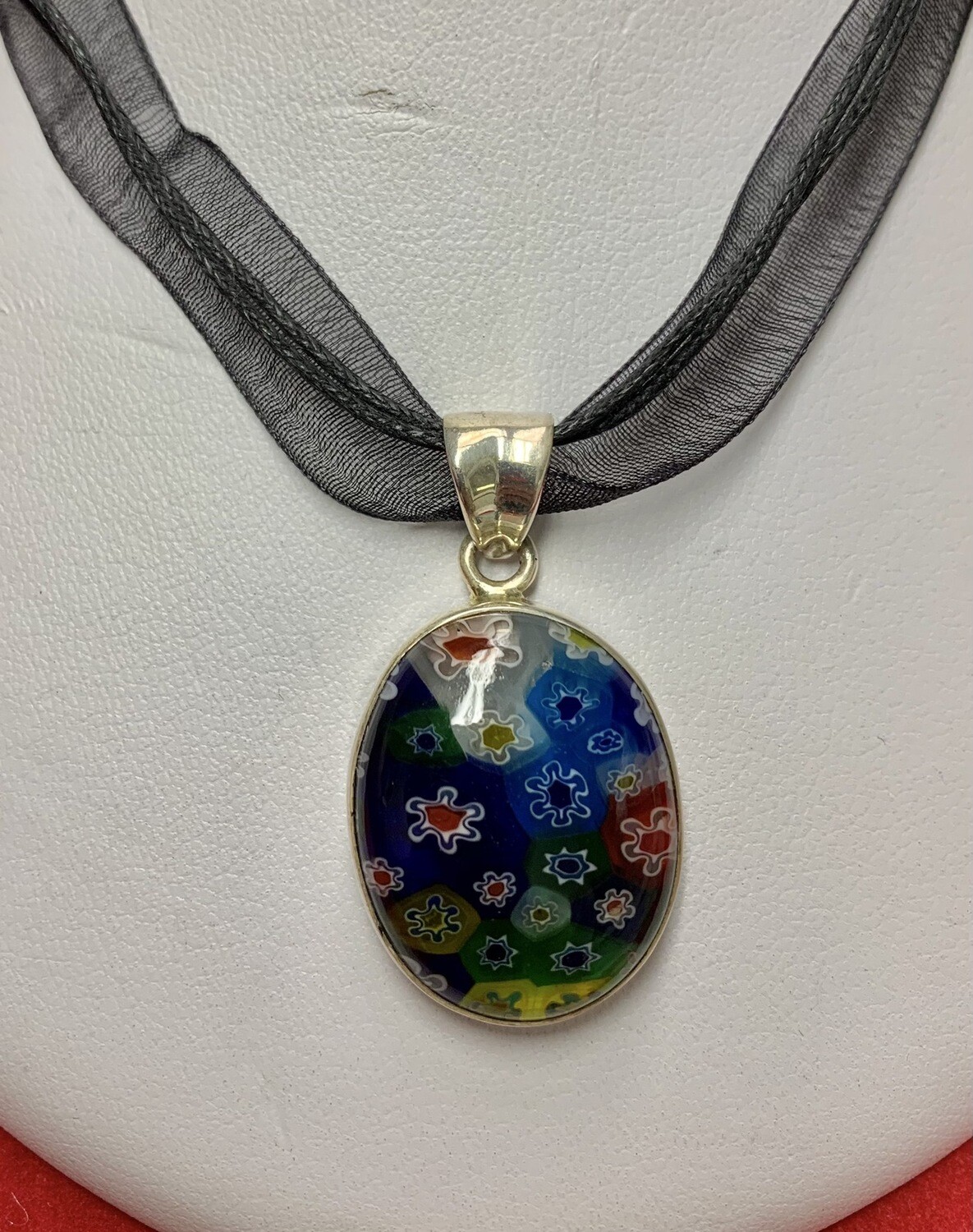 Glass Millefiori Sterling Pendant With Ribbon Cord Necklace