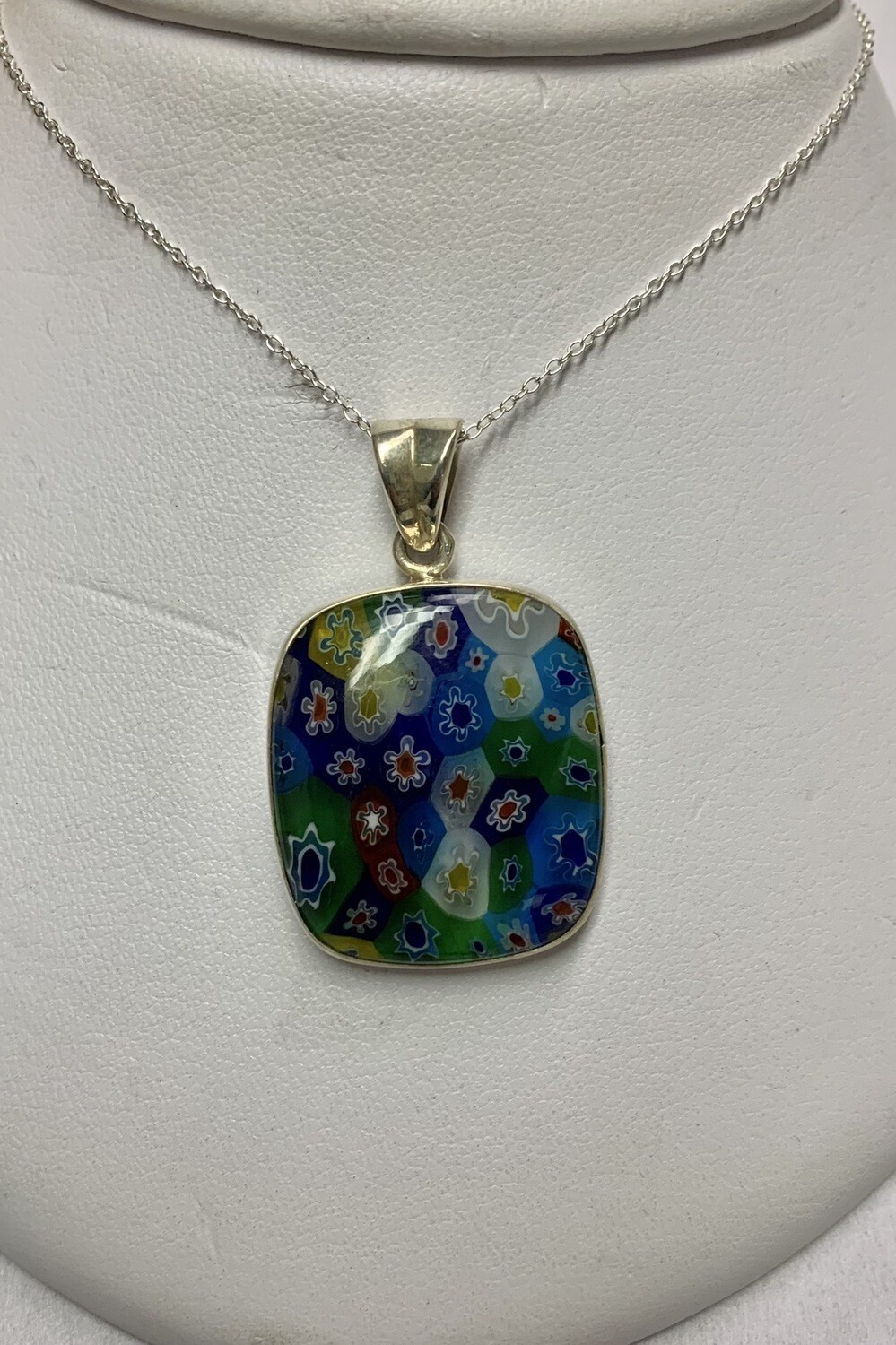 Glass Millefiori Sterling Silver Pendant And Chain Necklace