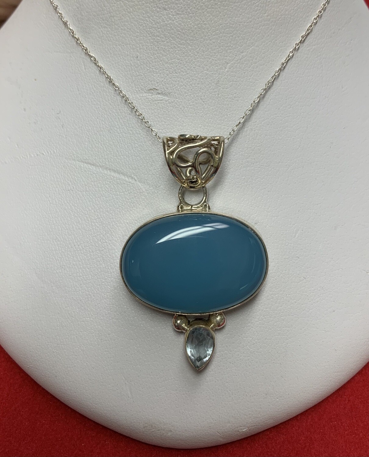 Dreamy Blue Agate Sterling Silver Pendant With Chain Necklace