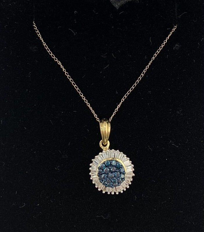Blue Diamond Cluster with a Baguette Diamond Halo in a 10kt. Yellow Gold Setting