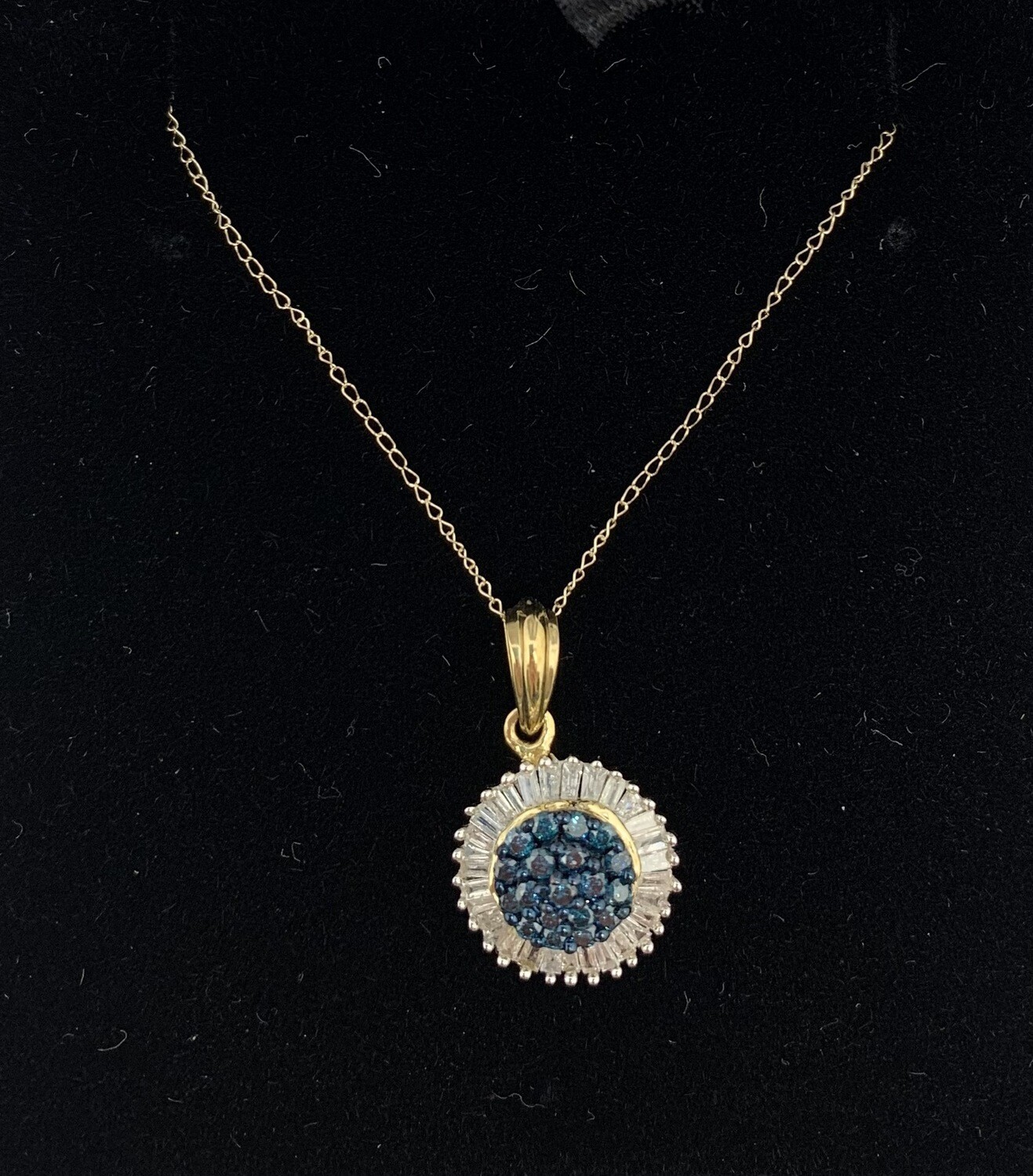 Blue and White Diamond Necklace  1/2 Ct Total Weight Blue Diamond Cluster With White Baguette Halo Pendant Necklace 10 Kt. Yellow Gold
