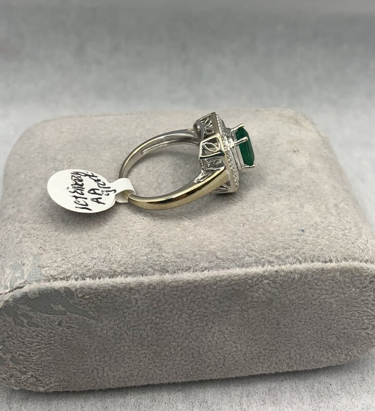 Emerald Ring ( Genuine ) With Baguette Cut Diamonds 10 Kt. White Gold.