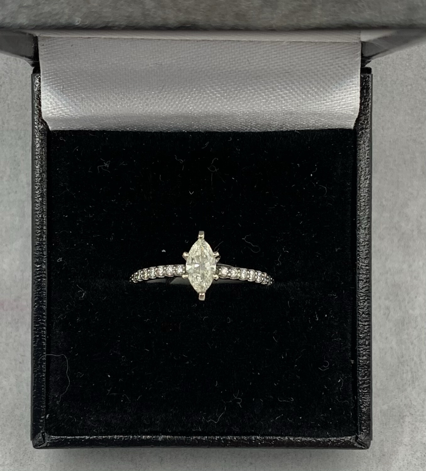 Diamond Engagement Ring Marquise Cut Center with Diamond Accents 64 Pts Total Weight 14 Kt. White Gold Setting