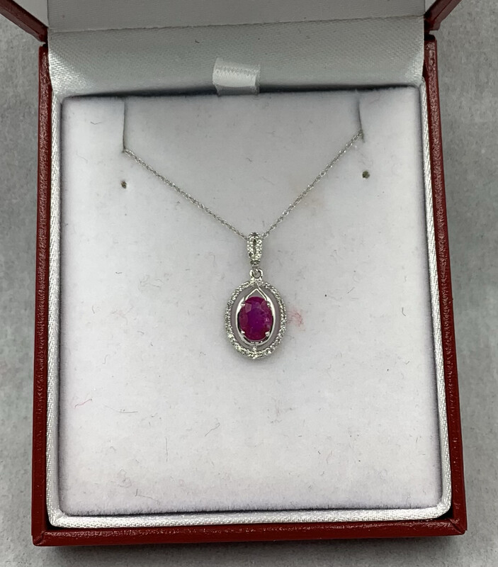 Ruby ( Oval) Necklace with 12 Pts of Diamond 10kt White Gold