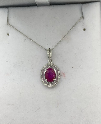 Ruby ( Oval) Necklace with 12 Pts of Diamond 10kt White Gold