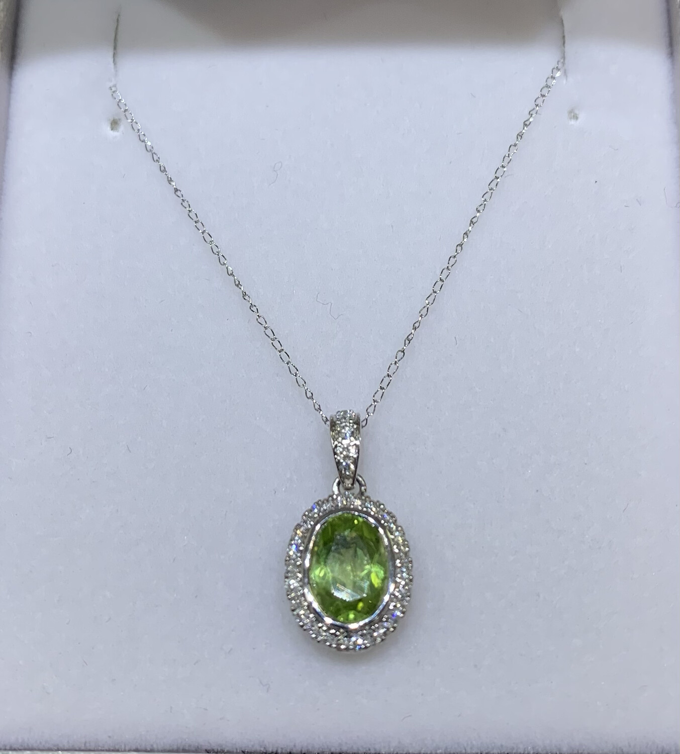 Peridot and Diamond Necklace Beautiful 1 Ct. Oval Shape with 19 Pts. of Diamonds set In 14 Kt. White Gold